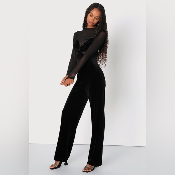 Black jumpsuit  Black Mesh Velvet Cutout Long Sleeve Jumpsuit Sz M.         NWOT - Picture 2 of 5